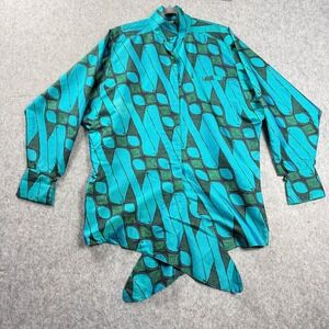 VTG Khanitha 100% Thai Silk Tunic Jacket Women 8‎ Teal Geometric Asymmetrical